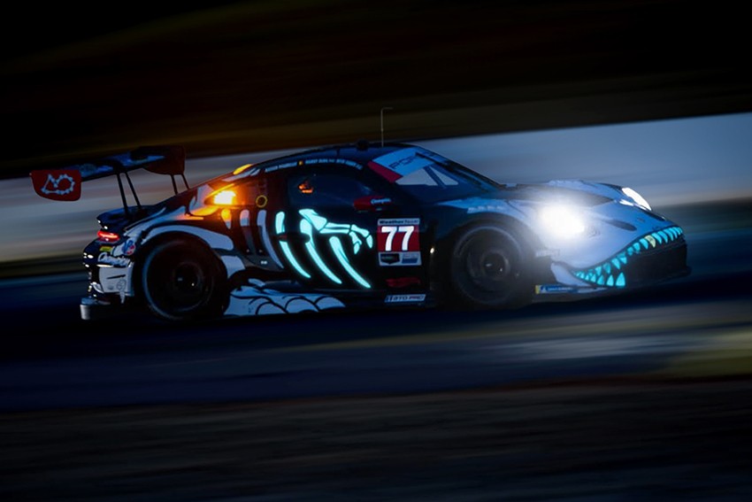 1:64 Scale. Porsche 911 GT3 R (992) #77 AO Racing "Skeleton Rexy" 2026 IMSA Petit Le Mans. MINI GT (boxed)
