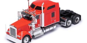 1:64 Scale. KENWORTH W900 1990 White with Flag (with big sleeper) – RED